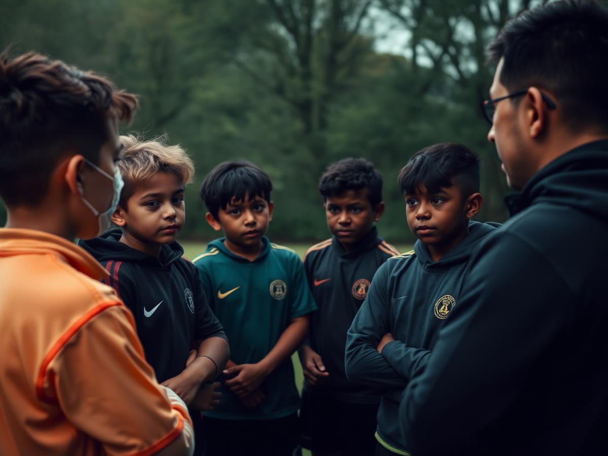 Youth football coaching session with a diverse group of young players