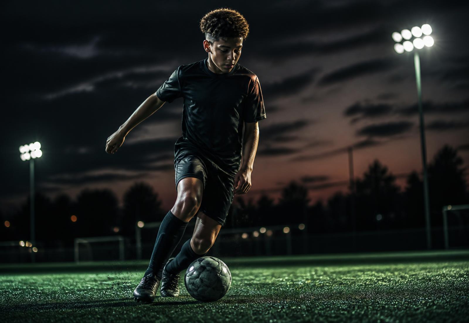 Young footballer training on a floodlit pitch at dusk
